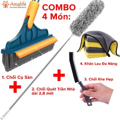 Combo Dọn Nhà 4 Món : Chổi Chà Cọ Nhà Vệ Sinh + Chổi Quét Trần Nhà + Bàn Chải Khe Hở Góc Cạnh + Khăn Lau Đa Năng Amalife