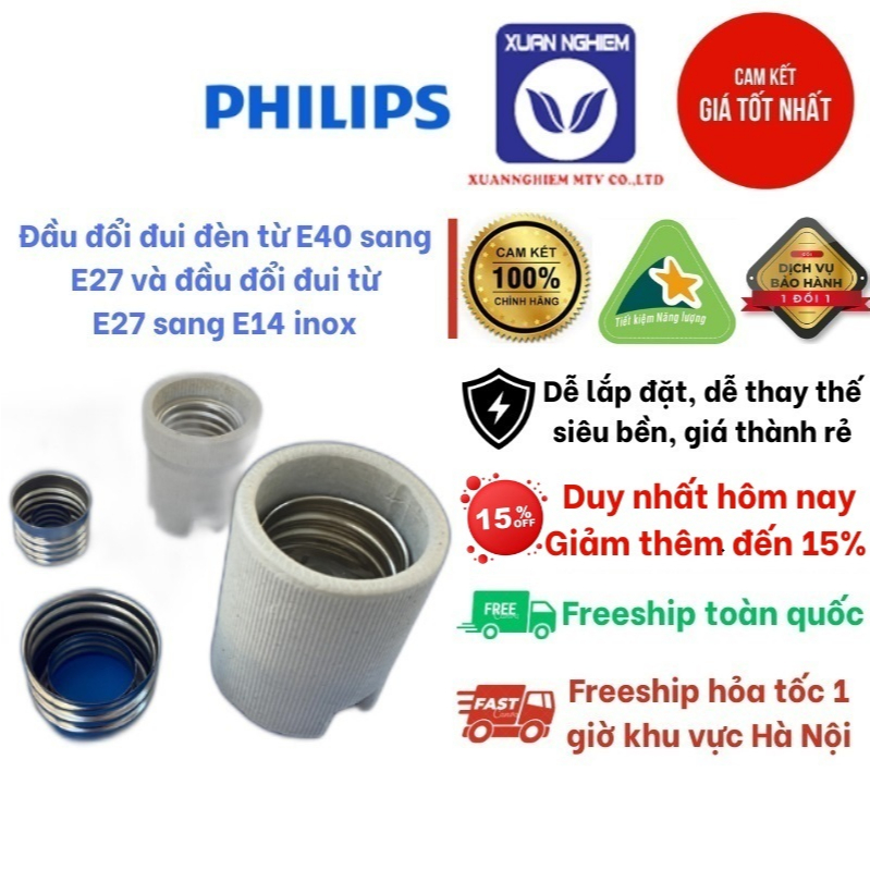 Đầu đổi đui đèn từ E40 sang E27 và đầu đổi đui từ E27 sang E14 inox