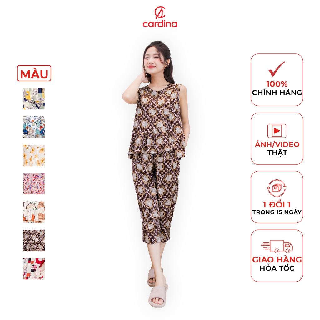 Đồ bộ nữ Cardina chất lụa satin nhật cao cấp áo sát nách bèo lệch quần lửng họa tiết 3SF03