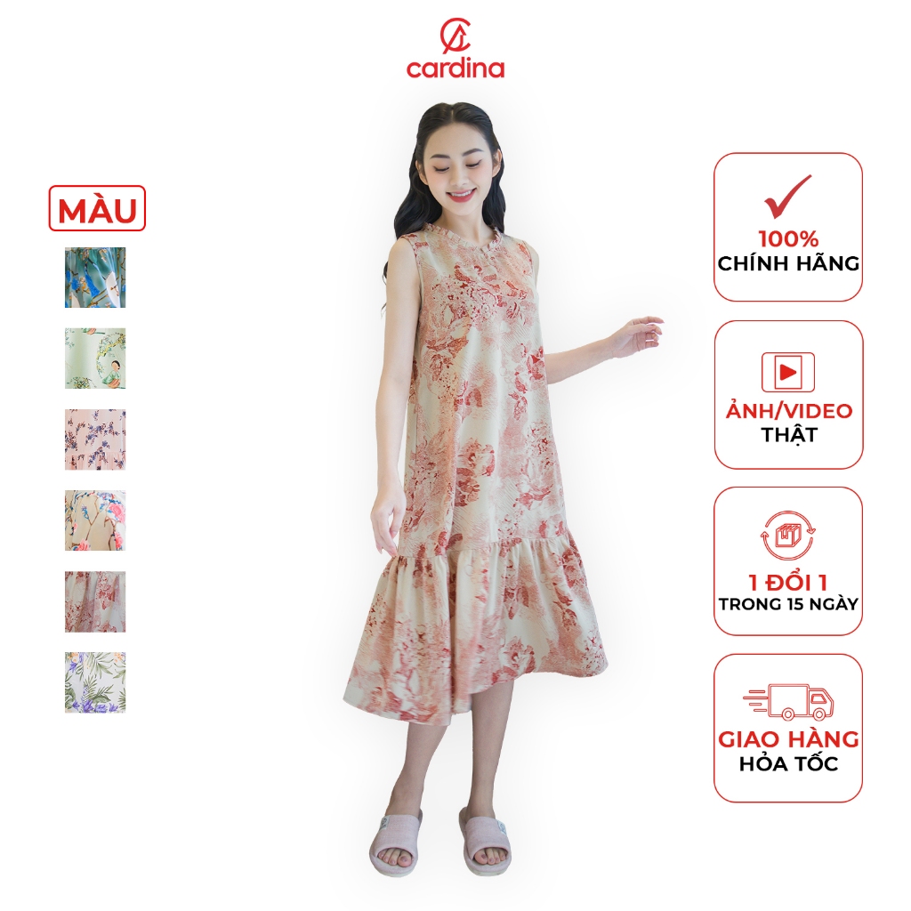 Đầm nữ Cardina sát nách chất lụa mango cao cấp kiểu dáng suông cổ bèo họa tiết trẻ trung 3VM02