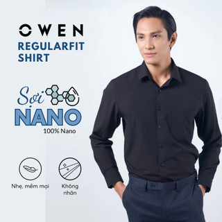 OWEN - Áo sơ mi dài tay Owen regular fit màu đen trơn 100% Nano không nhăn (Có túi ngực)
