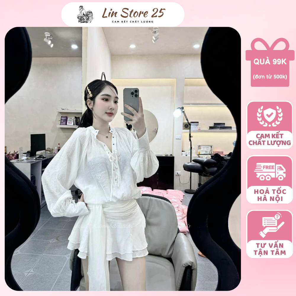 Set Áo Đan Dây Dài Tay Mix Chân Váy Nhún Phối Tà Chất Đũi LinStore.25
