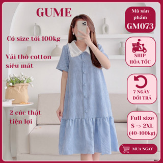  Váy bầu công sở đầm bầu suông đuôi cá kẻ xanh chất vải thô cotton cực mát 40-100kg GM073 