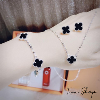  Bộ trang sức Bạc nữ cỏ 4 lá đen may mắn cao cấp Dây chuyền - Vòng tay - Khuyên tai bạc đá đen cỏ bốn lá TUNA SILVER 