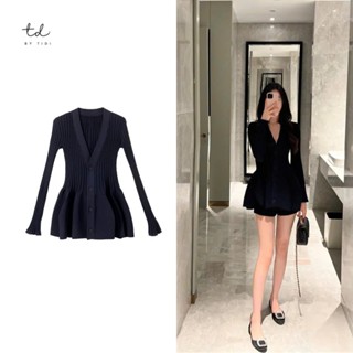  áo váy babydoll len nữ dài tay dáng xoè cổ tim màu xanh đen tiểu thư siêu xinh 