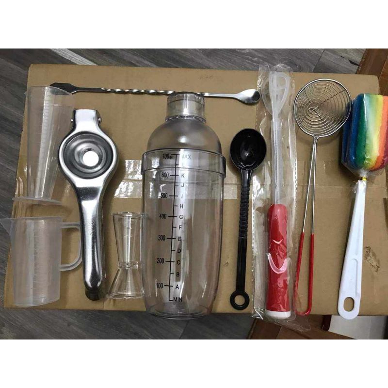 Combo 10 món Dụng cụ pha chế trà chanh trà sữa cafe. Lắc 700 kẹp chanh cọ rửa ly....