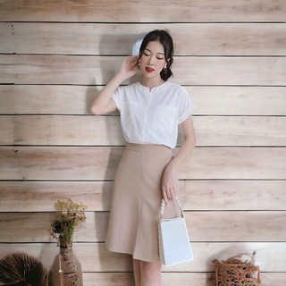 Chân váy chữ A công sở túi chéo 2 bên đến gối có đường mí giữa váy