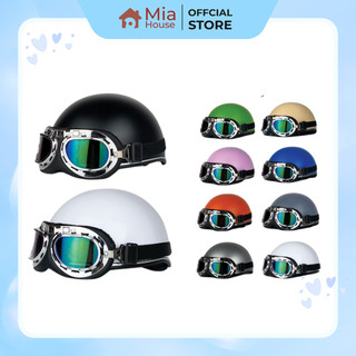 Mũ bảo hiểm nửa đầu 1/2 màu trơn kèm kính phi công và kính UV xốp ép nhiệt, khóa đỏ pull cao cấp Mi - a House