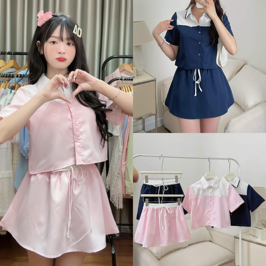 Set Áo Sơ Mi Croptop Đính Nơ Mix Chân Váy Chữ A Cạp Chun, Labibi