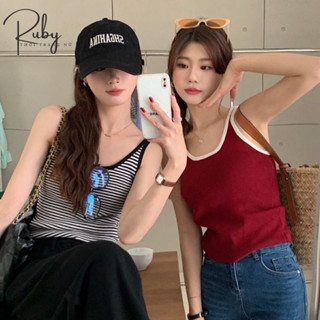 Áo 2 dây nữ, áo 3 lỗ len mongtoghi hàng QCCC sang trọng quyến rũ màu trắng đen đỏ be xanh kẻ sọc - RUBY DESIGN