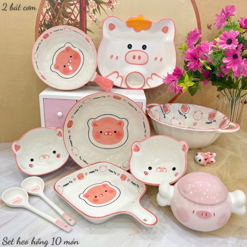 Bộ Bát Đĩa Gốm Sứ Decor, Bát Ăn Cơm, Bát Ăn Chè, Chén Dĩa Dễ Thương Bộ Heo Hồng cute dễ thương bày đ