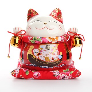 Mèo Thần Tài đỏ giơ 2 tay mèo may mắn maneki neko phúc lộc viên mãn-Đa Phú Quý 20cm kèm đệm