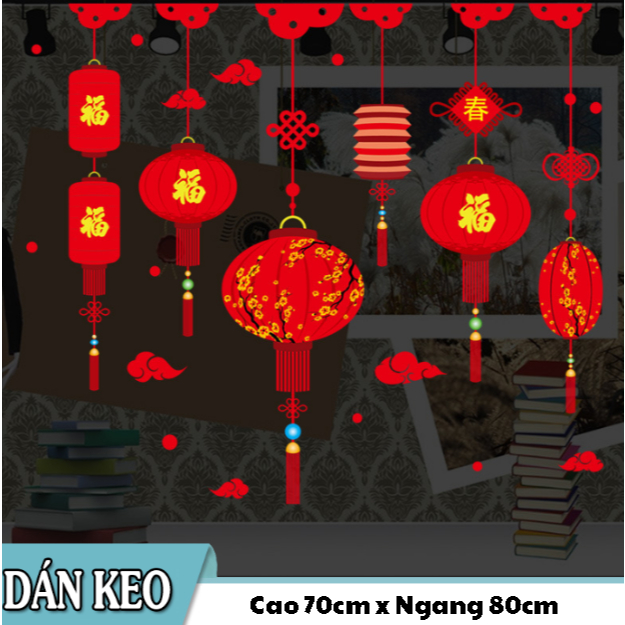 Decal trang trí Tết - Lồng đèn hoa sắc đỏ