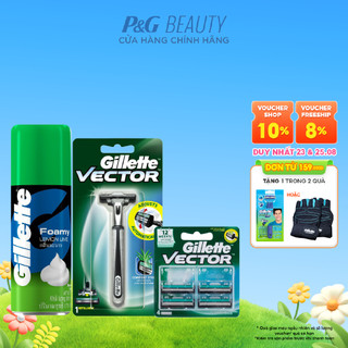 Combo 3 gồm Dao Cạo Gillette Vector 1UP, lưỡi cạo râu 4s Vector và bọt cạo râu Gillette 175g