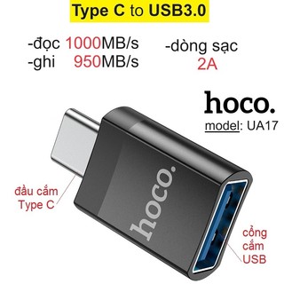 Đầu chuyển đổi Type C to USB 3.0 Hoco UA17 truyền dữ liệu 5Gbps sạc 2A