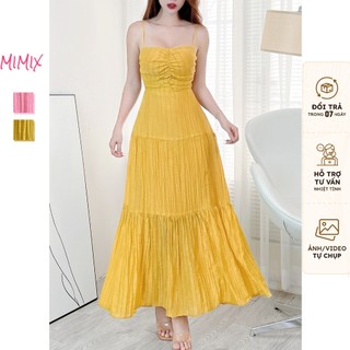 Đầm Maxi MIMIX Váy Trơn Nữ 2 Dây Cut Out Lưng Dáng Dài Xòe Có Cột Eo Chất Tơ Nhún QC EM2240