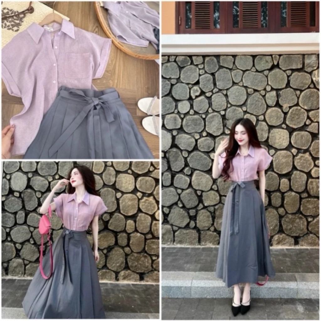 Set đồ nữ công sở áo voan tơ mix chân váu kaki mềm kèm đai L020