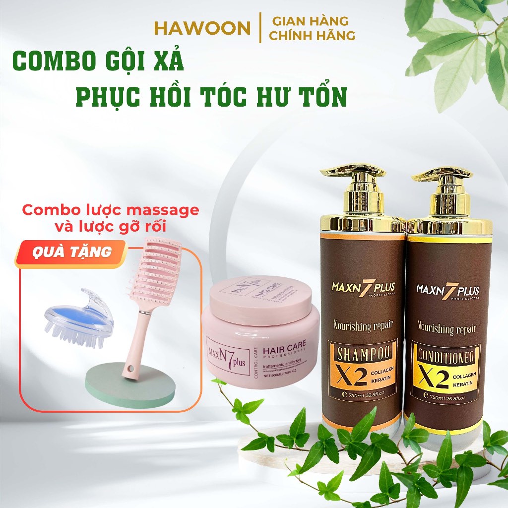 [Tặng lược massage + lược gỡ rối] Bộ dầu gội xả ủ siêu phục hồi dầu gội, dầu xả, ủ hấp Max N7 Plus, 