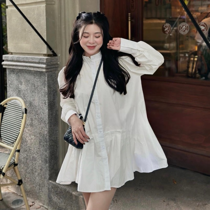 [V1.492] Váy Sơmi Thô Cổ Tàu Xếp Ly Dáng Babydoll Kèm Ảnh Thật Và Video | BigBuy360 - bigbuy360.vn