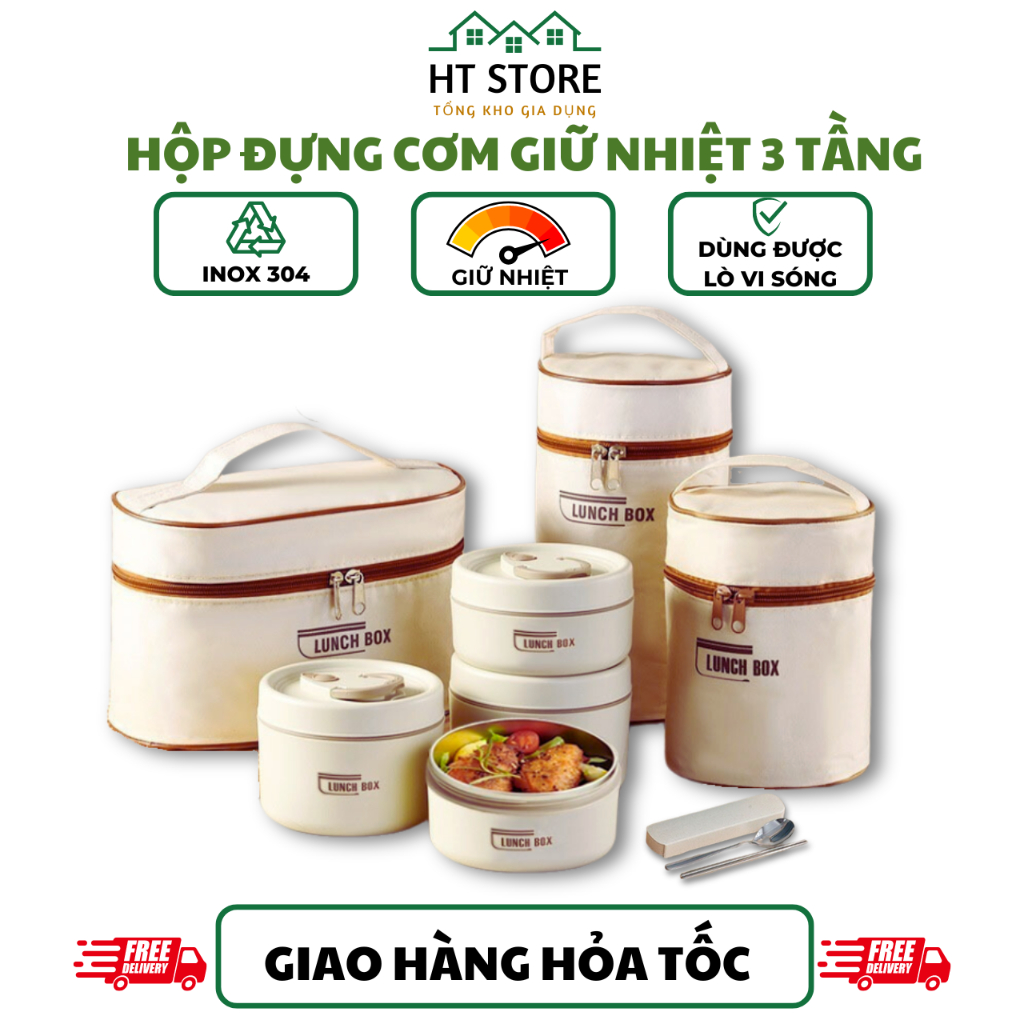 Hộp đựng cơm giữ nhiệt Lucky kèm túi, Hộp cơm văn phòng cách nhiệt 3 tầng bằng thép không gỉ 304