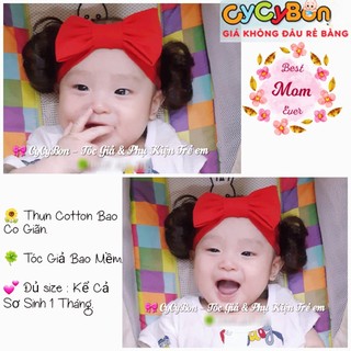 Băng Đô Turban Cho Bé Gái Thun Cotton Đính Nơ Đỏ Kèm Tóc Giả 2 Bên