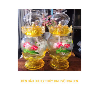 Đèn dầu lưu ly thủy tinh vẽ hoa sen- đèn dầu bát nhã