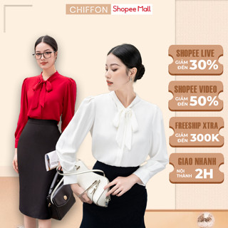 Áo sơ mi lụa cổ nơ dài tay thiết kế Chiffon