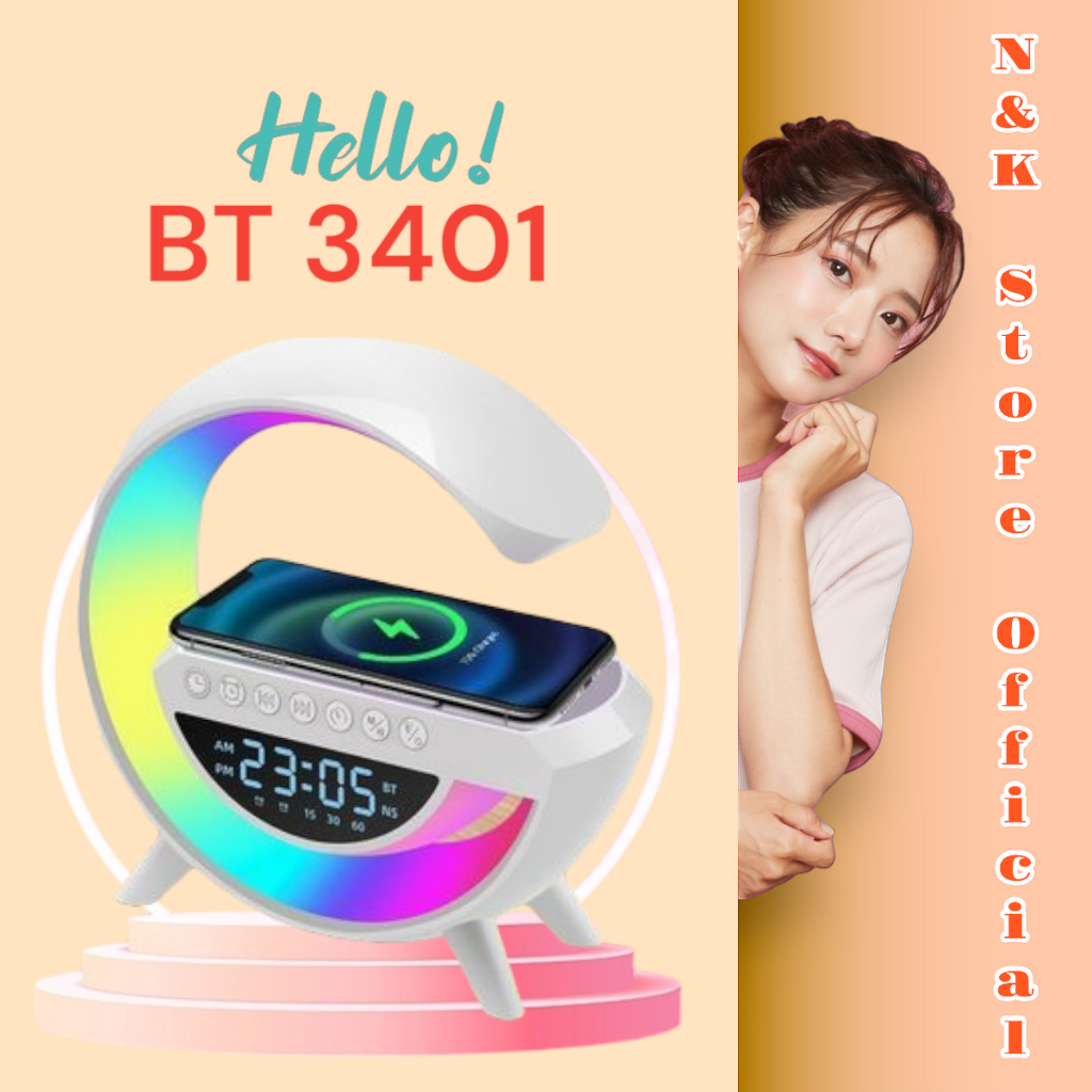 Loa bluetooth chữ G BT-3401 đa năng tích hợp sạc không dây/đồng hồ báo thức/đèn trang trí