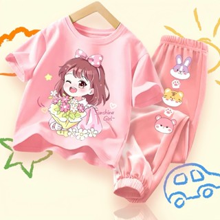 Set Bộ Quần Áo Bé Gái Áo Thun Kèm Quần Bo Gấu In Pet 5D Dễ Thương Chất Vải Cotton Mềm Mát Cho Bé 9-36kg