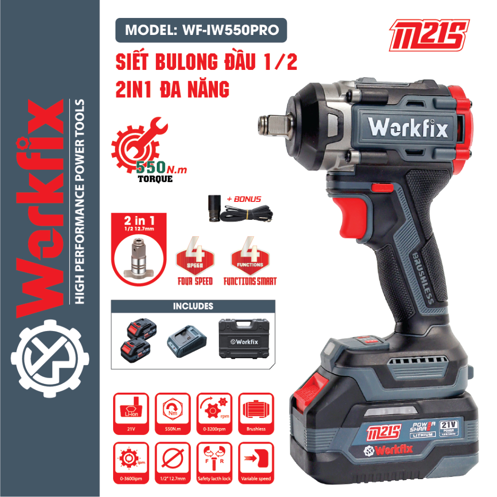Máy Siết Bulong dùng pin Workfix WF-IW550 PRO không chổi than, Lực siết 550NM, Mở Vặn Ốc Xe Tải, Ô T