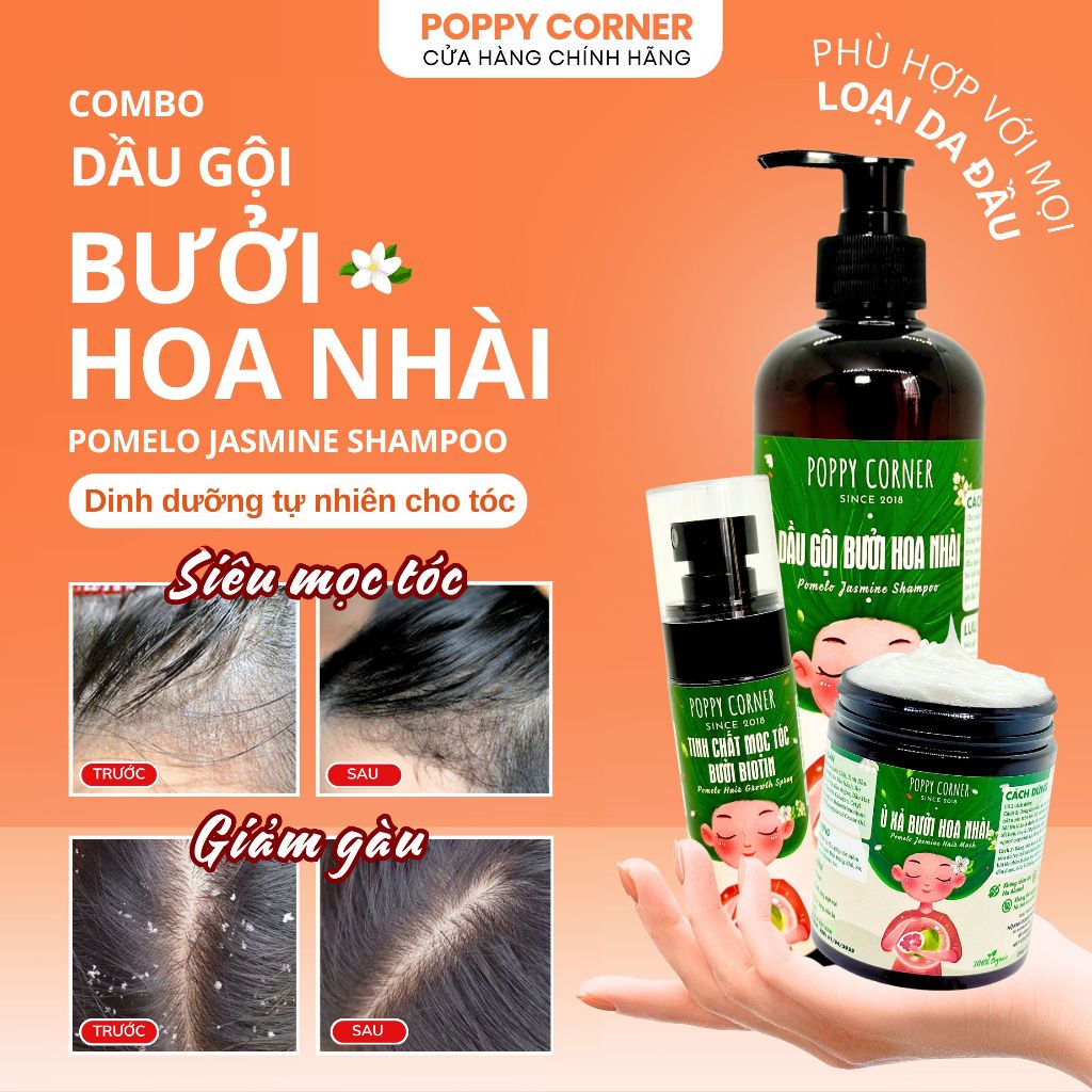 Dầu gội thảo dược Bưởi Hoa Nhài giảm gàu mọc tóc thảo mộc và chống rụng thiên nhiên nhanh dài POPPY CORNER