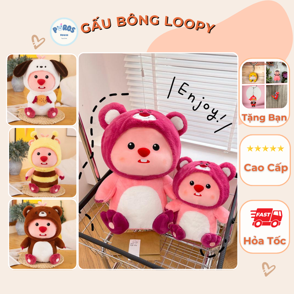 Gấu bông loopy hải ly gấu dâu losto, Qùa Tặng Thú bông Loopy Cosplay Ong-Cún-Gấu-Stitch Xanh