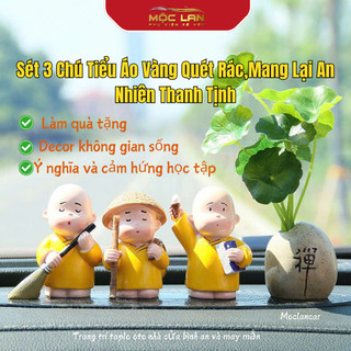 Trang Trí Taplo - Sét 3 Chú Tiểu Áo Vàng Quét Rác,Mang Lại An Nhiên Thanh Tịnh - Tượng Mini Để Bàn Học Và Bàn Làm Việc