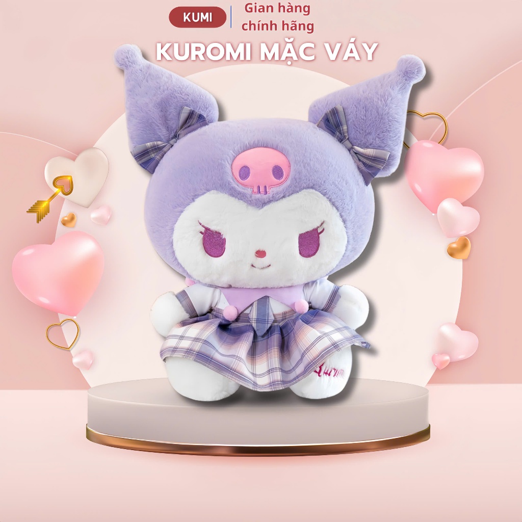 Gấu bông Kuromi váy kẻ dễ thương, thú nhồi bông Kuromi mặc váy sang trọng, quà tặng sinh nhật cho bé