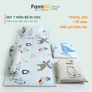 Set 7 món chăn nệm gối lụa tencel cho bé đi học mầm non tiểu học FamiHi cao cấp, họa tiết trẻ em.