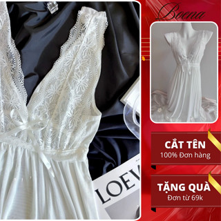   A15  Đầm Ngủ Voan Mỏng 2 Dây Bản To BOENA Dáng Dài Nàng Thơ Cổ V Ren Hoa Thắt Lưng Gợi Cảm 