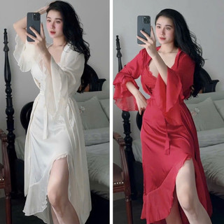 Đầm Ngủ 2 Dây Kèm Áo Choàng Phối Viền Voan Có Mút Ngực, Chất Lụa Latin Mềm Mịn Mặc Mát Free Size 40-58kg