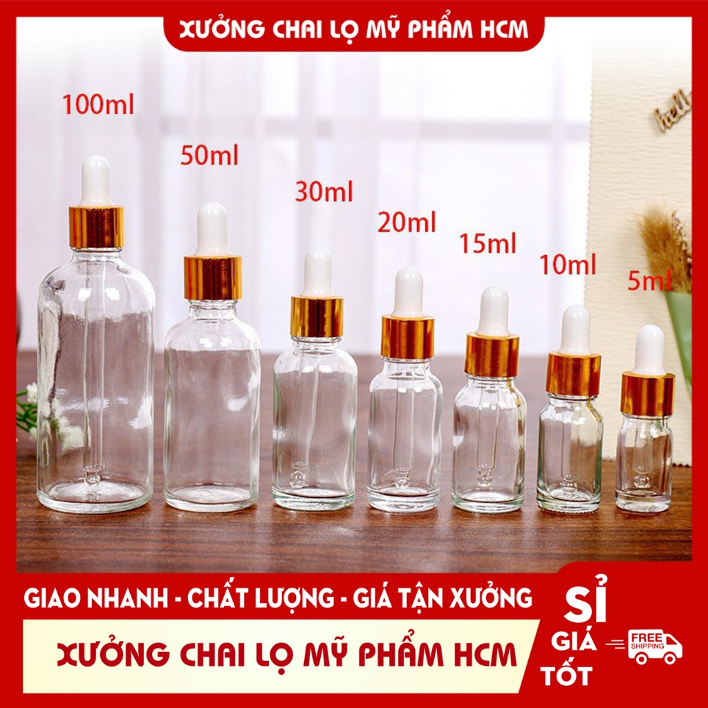 Lọ Chiết Serum 🏵️ Lọ Chiết Mỹ Phẩm Thủy Tinh Nắp Bóp Nhỏ Giọt Khoen Vàng 5ML/10ML Dùng Đựng Tinh Dầu, Serum
