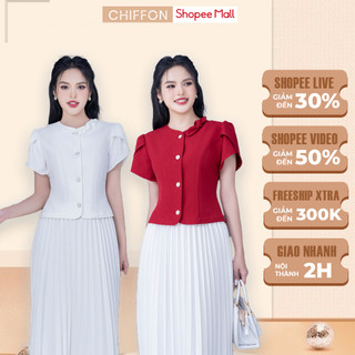 Áo vest ký giả tay cánh hồng cúc ngọc cao cấp Chiffon