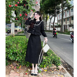 Sét bộ Dạ len áo tay dài phối bèo mix chân váy chữ A dáng dài xinh xắn phù hơp mùa thu- đông S096