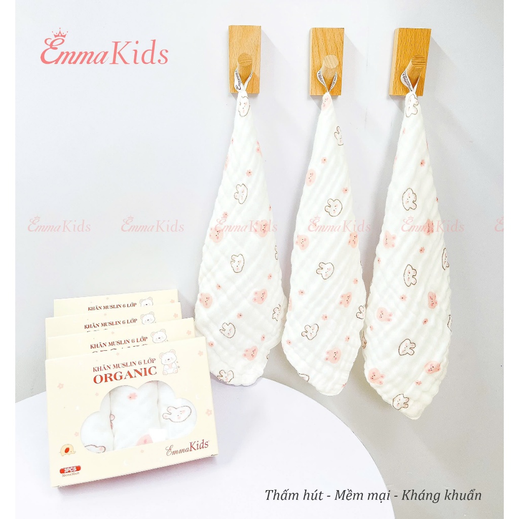 ( Combo 2 )Hộp 3 Khăn Sữa Muslin 6 Lớp Organic EmmaKids Kích Thước 30x 30cm Cho Bé
