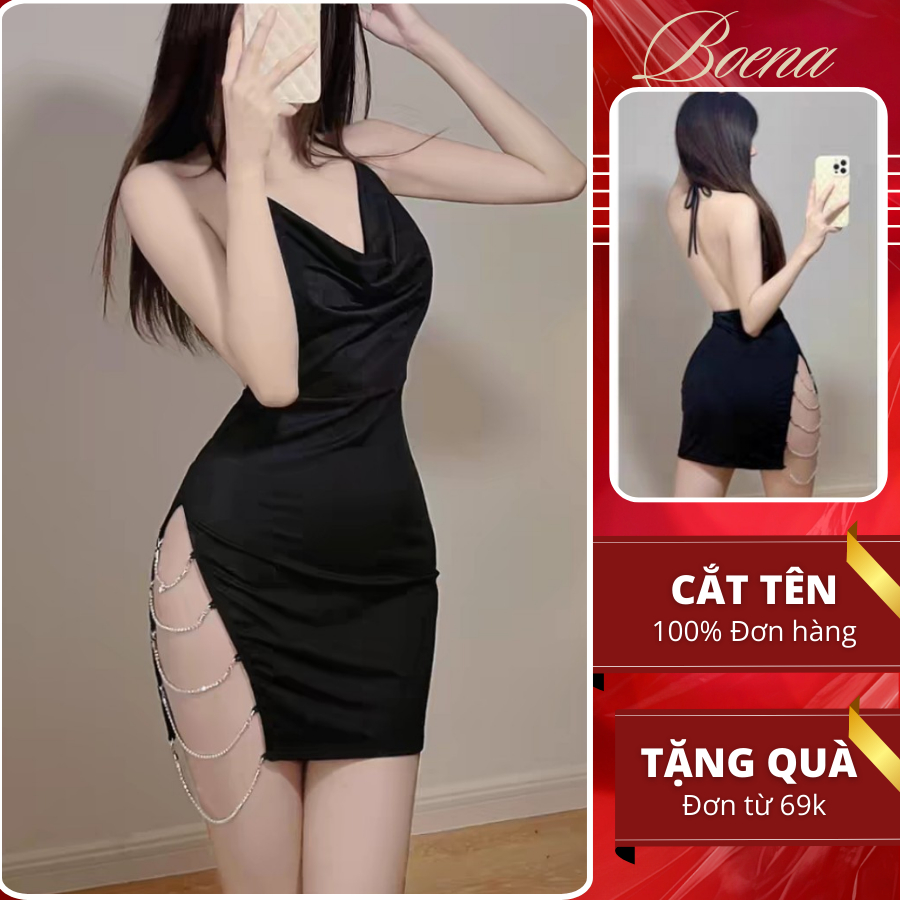 Đầm 2 dây trễ ngực sexy BOENA Váy ngủ Kiều nữ Sang Trọng Phối Xích Đùi