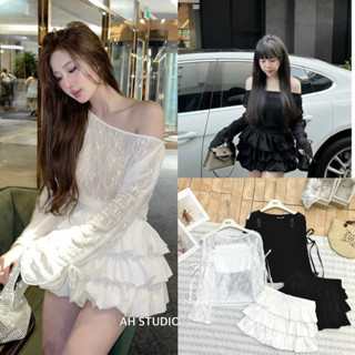 [Tặng Kèm Áo Quây]Set 3 Chi Tiết Áo Ren Lệch Vai Mix Chân Váy Lụa 3 Tầng có lót quần trong tiểu thư
