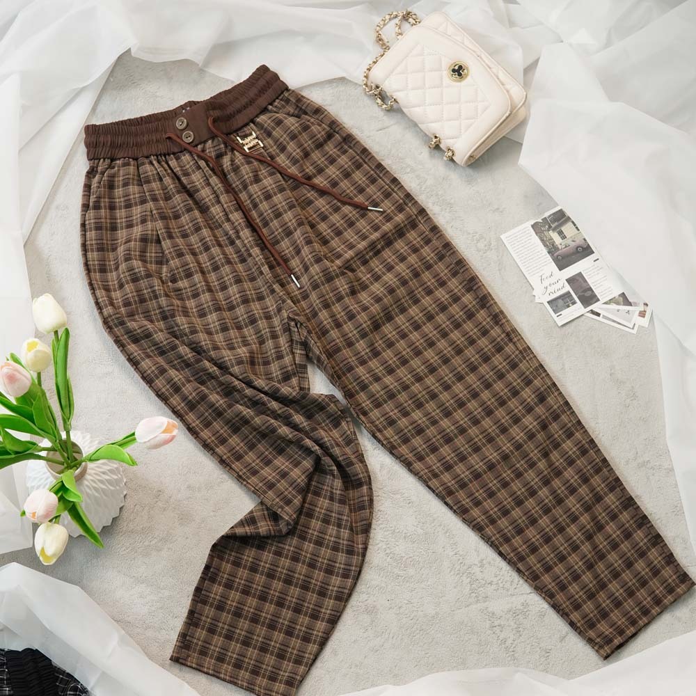  Quần Baggy Nữ Kẻ Sọc Caro Nâu Ghi Cotton Lụa Mềm Mịn Cao Cấp Co Dãn Nhẹ - Form Dáng Chuẩn Đẹp Kèm Dây Rút 