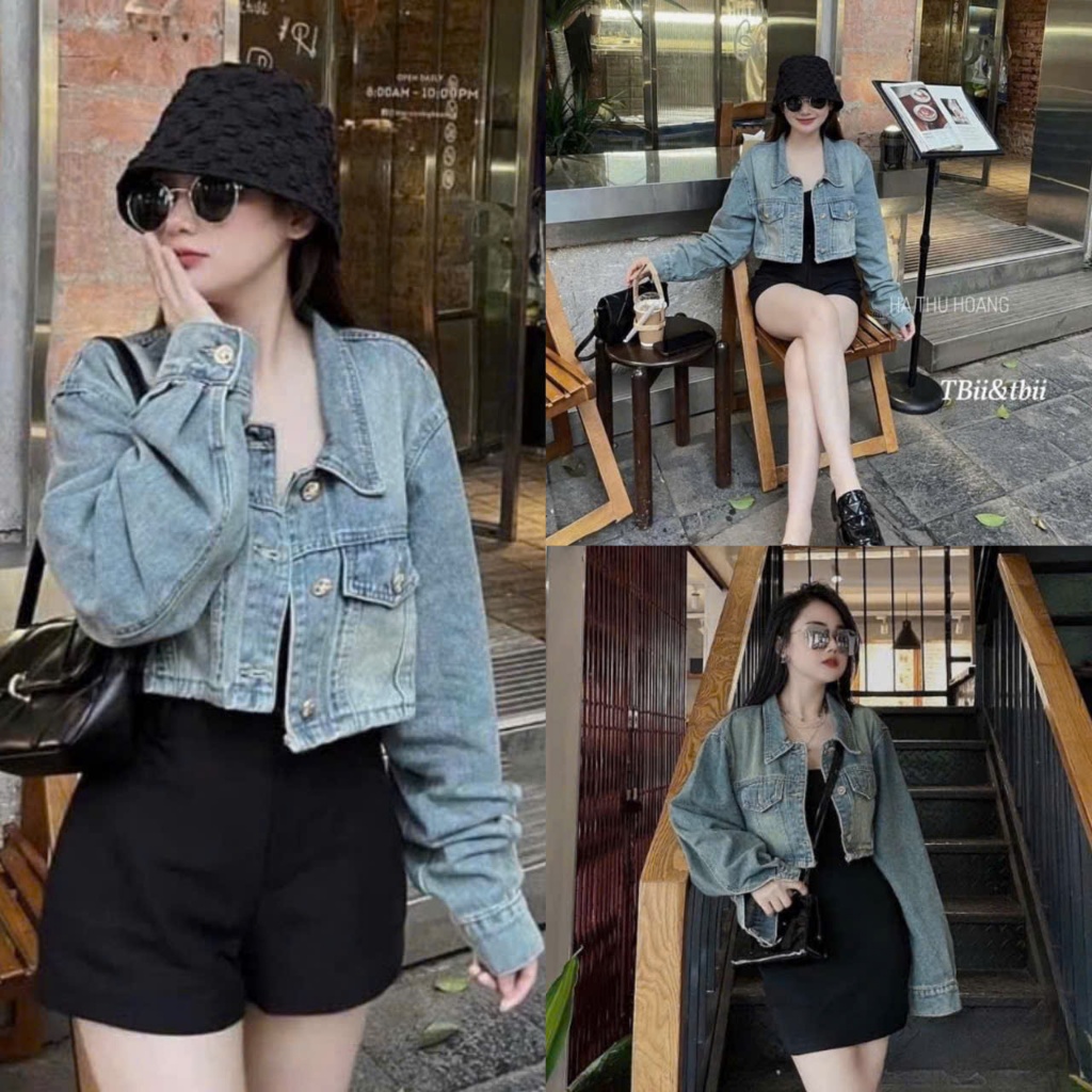 Áo Khoác Jean Nữ Croptop Mài Nhẹ 2 Túi Size S M - Halinh Shop - Áo Croptop Bò Mài Basic Diện Thu