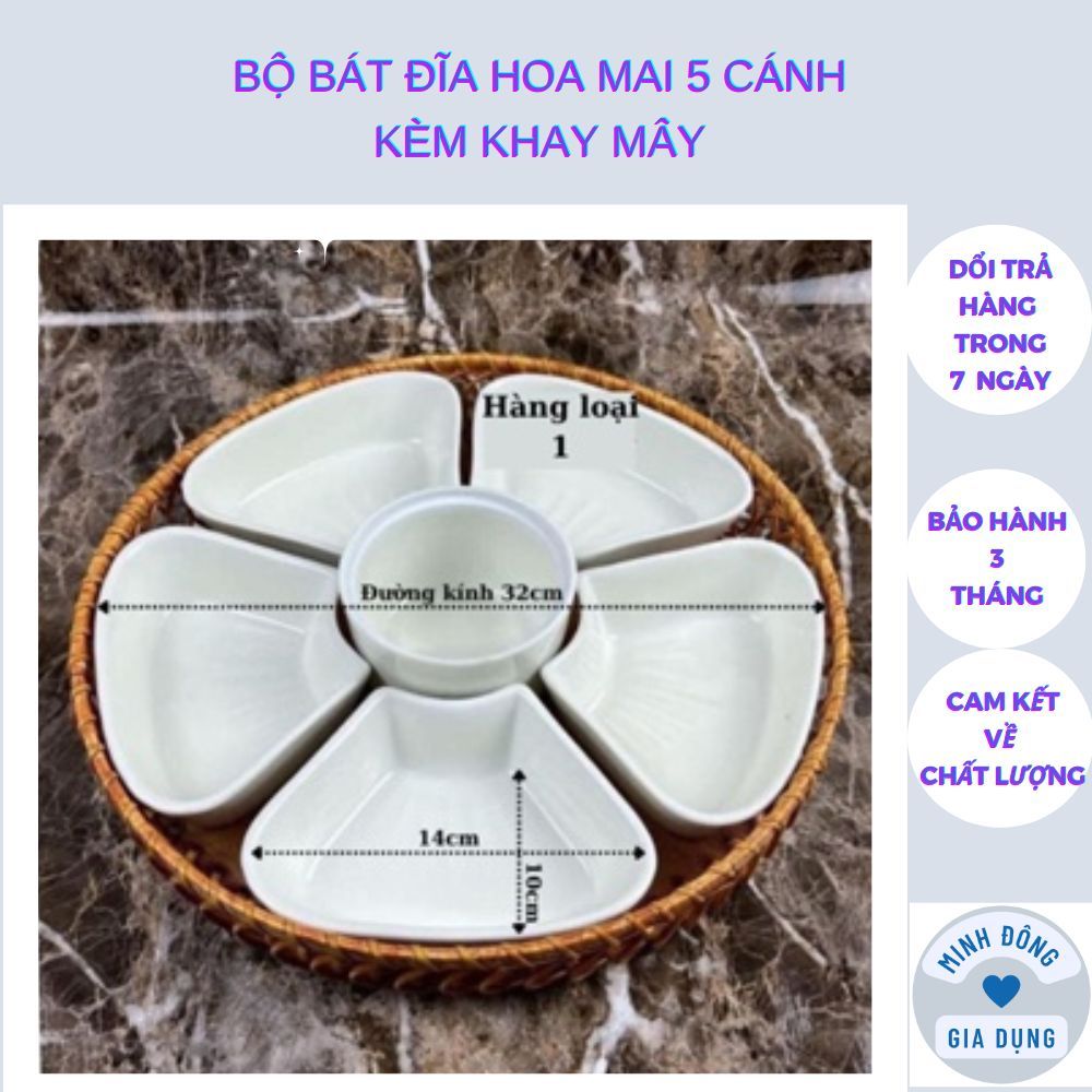Bộ bát đĩa hoa mai 5 cánh kèm khay mây hàng loại 1 dày đẹp - Tráng Sứ Store