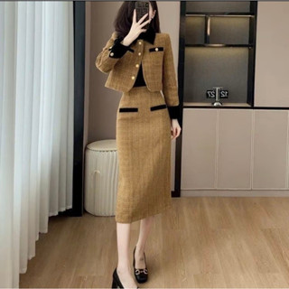 Sét Áo Chân Váy Dạ Áo Dạ Tweed Áo Khoác Dạ Cổ Tàu dáng ngắn tiểu thư áo cardigan Dạ dày dặn Màu Ánh Vàng C8011