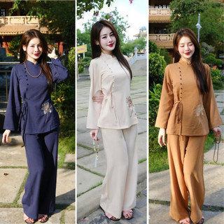 Pháp phục đi chùa, Bộ lam đi chùa chất liệu Đũi thêu Sen vạt hò đính cúc đã, trang phục truyền thống