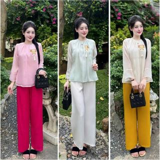 Pháp phục đi chùa, Bộ lam đi chùa chất liệu tơ thêu Sen, trang phục truyền thống đi chùa