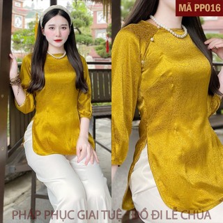 Mã PP016 Vàng_Pháp Phục Đi Chùa Cho Nữ, Mã Truyền Thống Tay Viền Bo, Chất liệu Áo Lụa Gấm Tầm Xuân, Quần Lụa Vân.